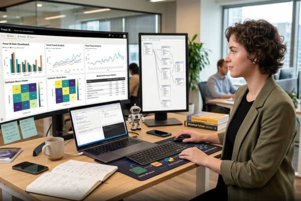 Data professional working through the career path from data analyst to data scientist using analytics tools and machine learning technology.