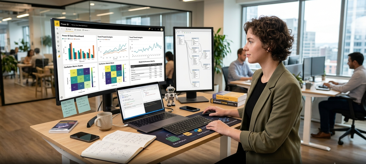 Step-by-Step Guide to Building a Successful Career in Data Analysis and Data Science 3 Data professional working through the career path from data analyst to data scientist using analytics tools and machine learning technology.