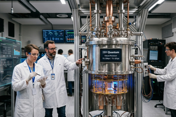Realistic quantum computer in a research laboratory with scientists studying advanced quantum technology