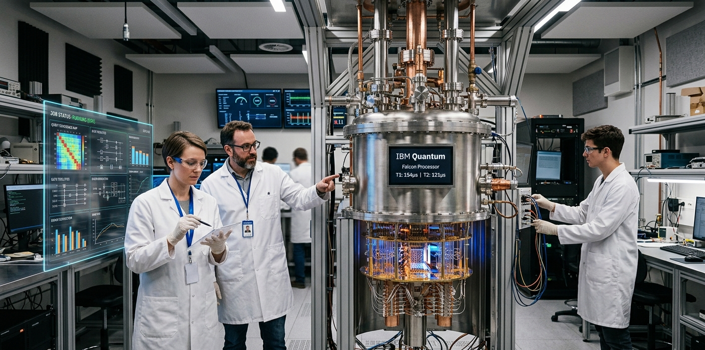 Realistic quantum computer in a research laboratory with scientists studying advanced quantum technology