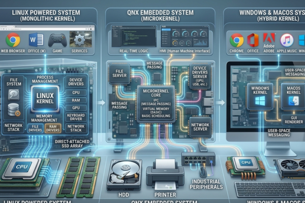Realistic illustration of a computer kernel connecting software applications and hardware in an operating system