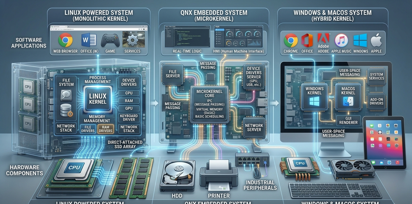 Realistic illustration of a computer kernel connecting software applications and hardware in an operating system