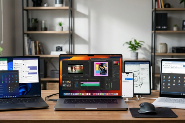 Windows vs macOS vs ChromeOS laptop operating system comparison showing different devices and workflows.