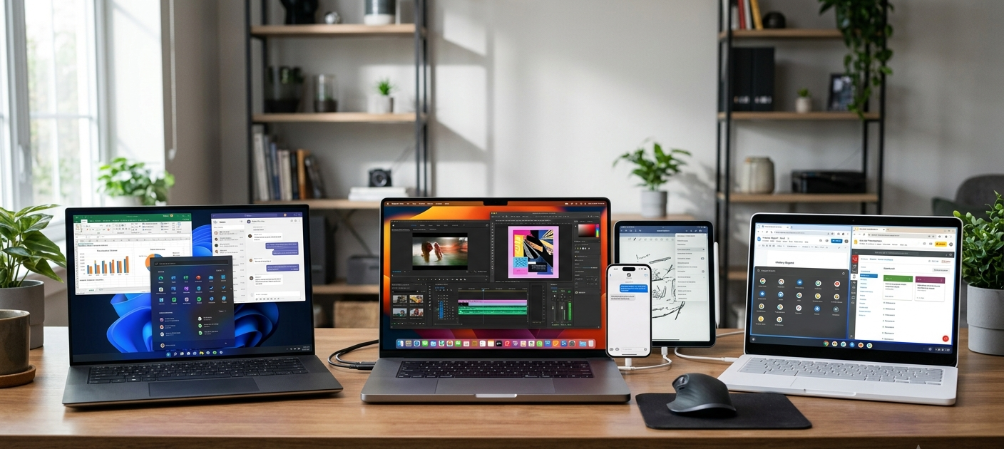 Windows vs macOS vs ChromeOS: Which Operating System Is Right for You? 3 Windows vs macOS vs ChromeOS laptop operating system comparison showing different devices and workflows.