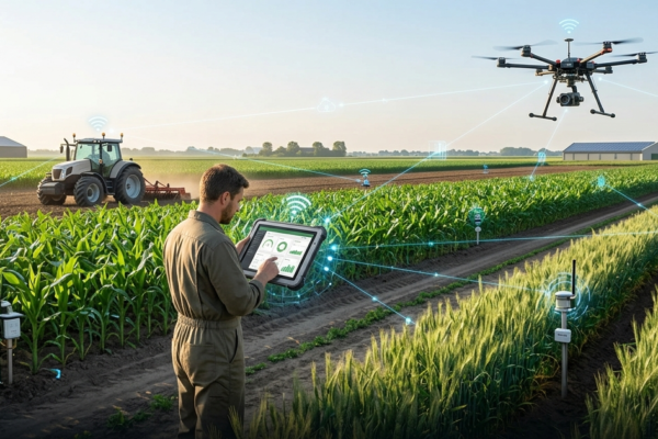 Smart farming technology using IoT devices, sensors, drones, and digital monitoring systems to improve agriculture.
