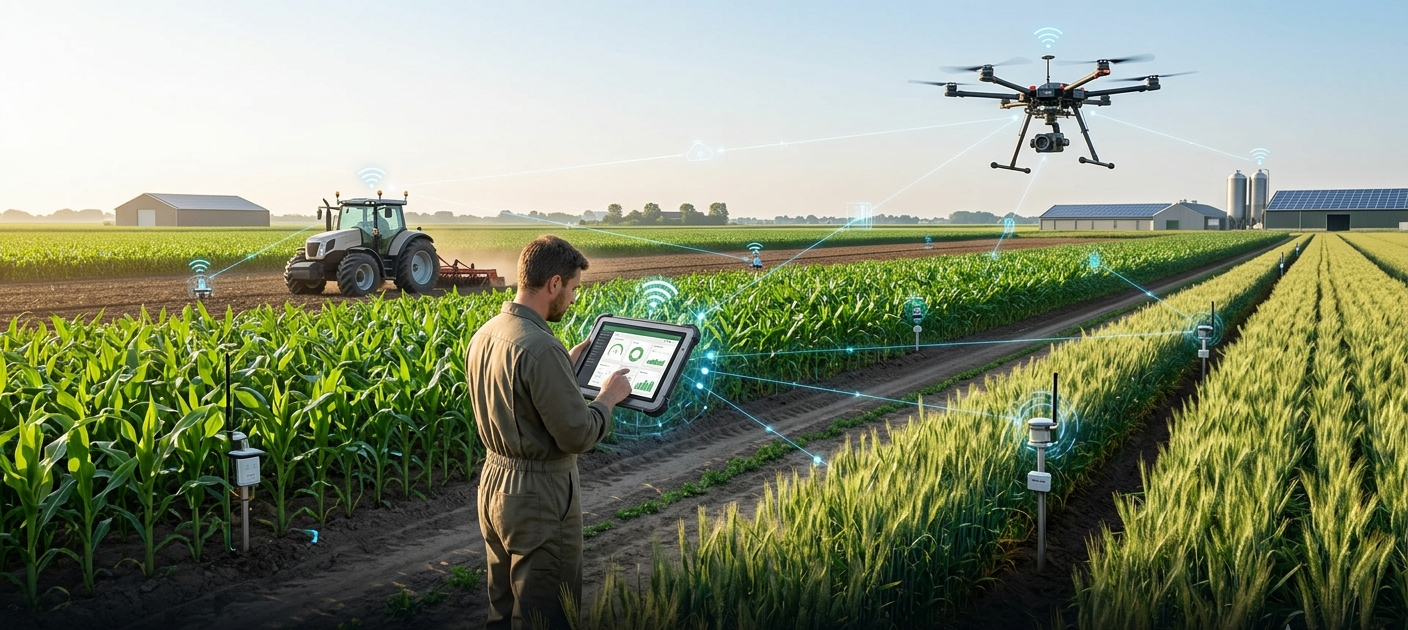 Smart farming technology using IoT devices, sensors, drones, and digital monitoring systems to improve agriculture.