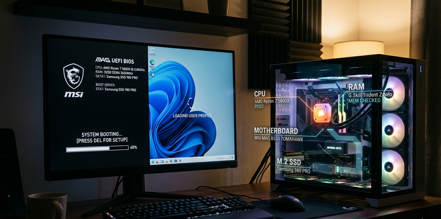 A computer powering on showing the startup process from hardware activation to desktop loading