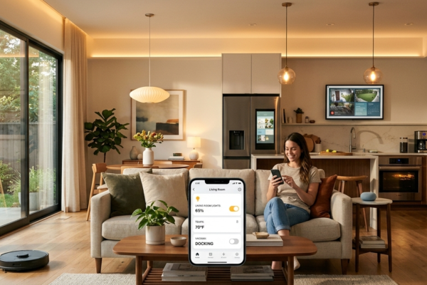 Modern smart home with IoT devices including smart lighting, thermostat, security cameras, and connected appliances.