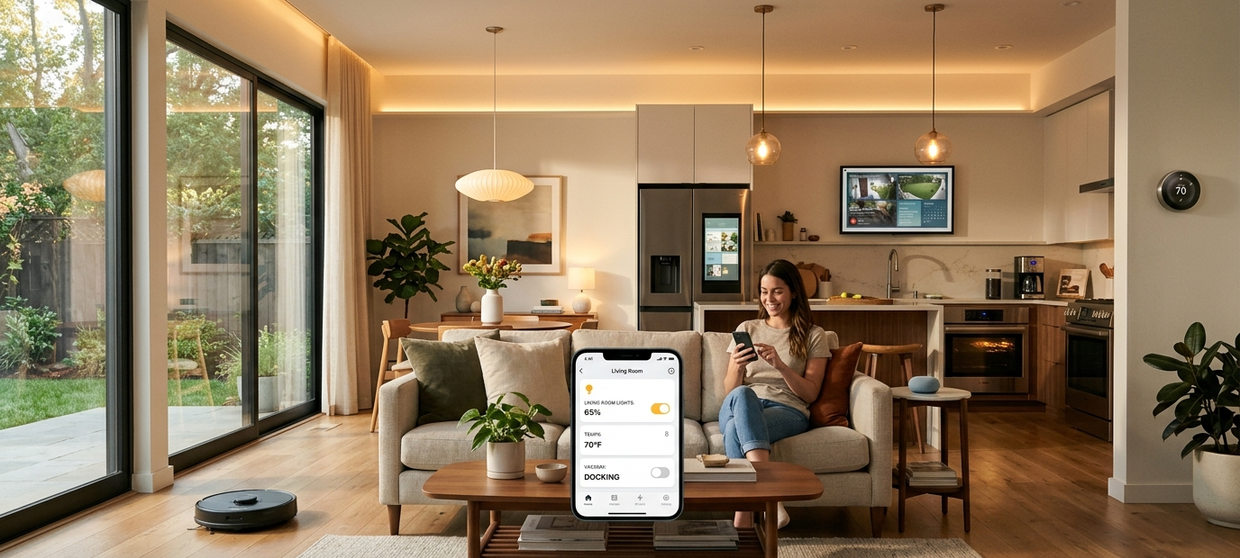 Modern smart home with IoT devices including smart lighting, thermostat, security cameras, and connected appliances.