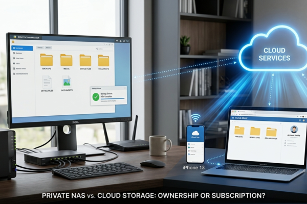 NAS vs cloud storage comparison showing private network storage and cloud-based file storage solutions.