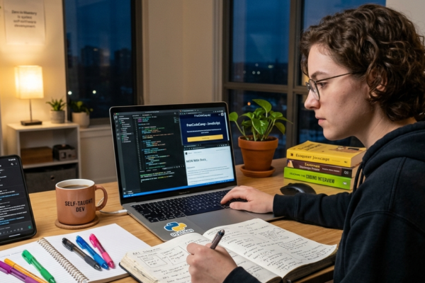 Young developer learning software development through self-study without a computer science degree