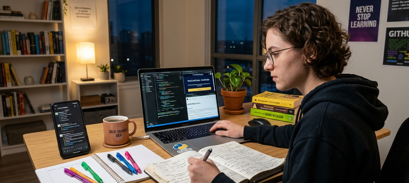 Young developer learning software development through self-study without a computer science degree