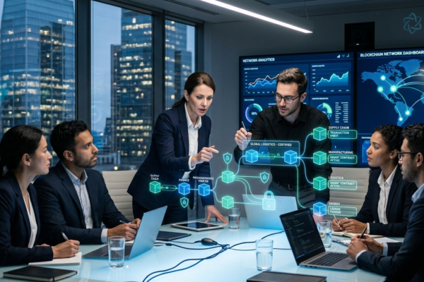 Blockchain technology connecting global industries through secure digital networks beyond cryptocurrency