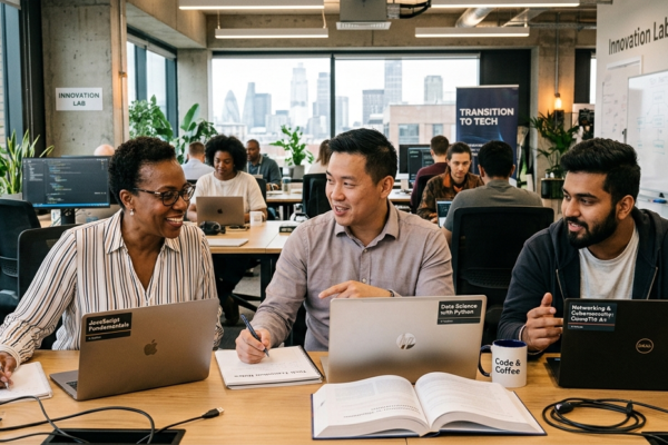 Non-technical professionals learning technology skills while transitioning into IT careers