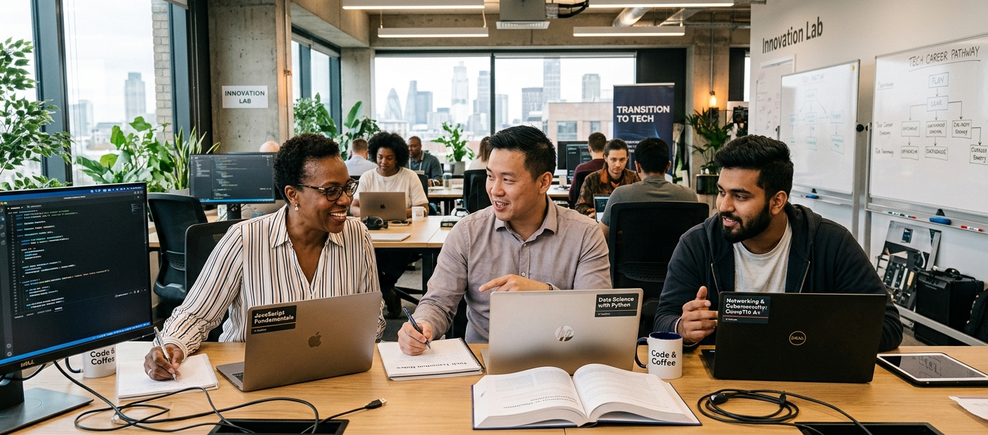 Step-by-Step Guide to Transitioning Into Information Technology From a Non-Technical Background 4 Non-technical professionals learning technology skills while transitioning into IT careers