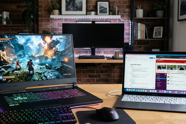 Gaming laptop and regular laptop side by side showing differences in design, size, and purpose.