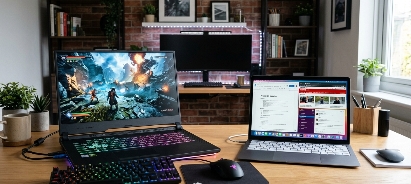 Gaming laptop and regular laptop side by side showing differences in design, size, and purpose.