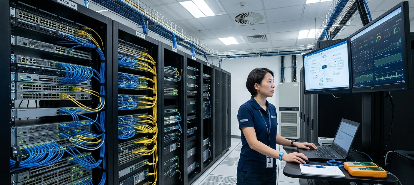 Network engineer managing computer network infrastructure in a modern server room.
