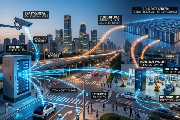 Edge computing and cloud computing working together with IoT devices and smart city technology