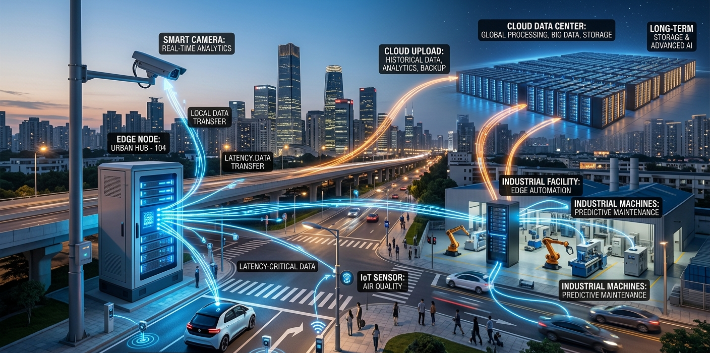 Edge computing and cloud computing working together with IoT devices and smart city technology