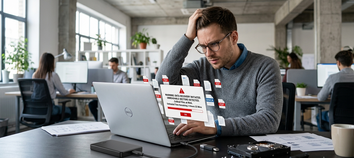 Person recovering lost data after computer hardware failure using backup and recovery tools.