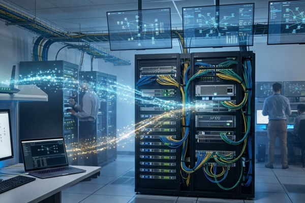 Realistic computer networking environment showing connected devices, servers, routers, and digital data communication.