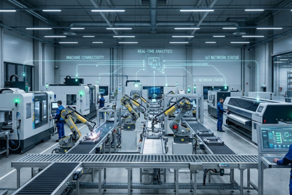 Smart factory powered by Industrial IoT technology with connected machines, robotics, and real-time data monitoring.