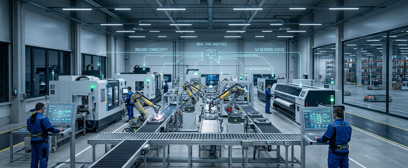 Smart factory powered by Industrial IoT technology with connected machines, robotics, and real-time data monitoring.