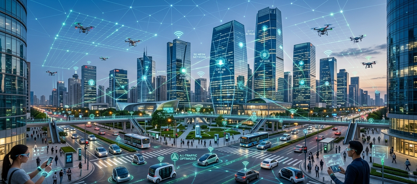 Future of IoT with smart cities, connected devices, AI, and advanced digital networks