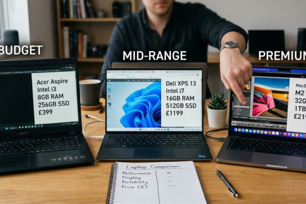 Laptop comparison setup showing different models and specifications before making a purchase decision.