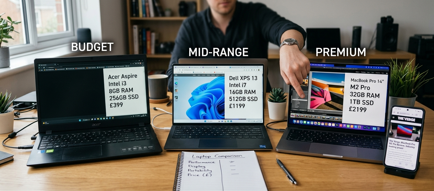 Laptop comparison setup showing different models and specifications before making a purchase decision.