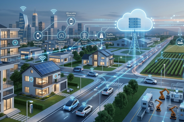 Futuristic IoT ecosystem showing connected smart devices, sensors, cloud computing, and digital networks