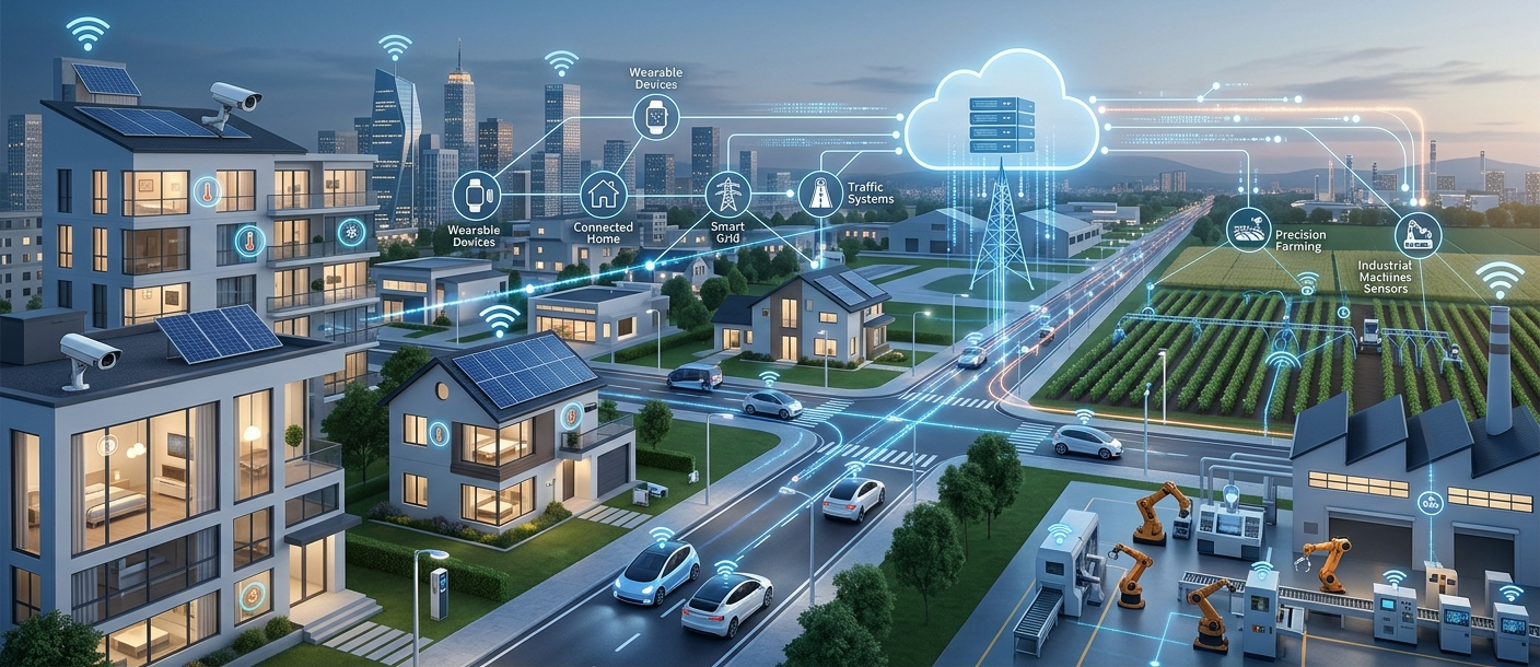 Futuristic IoT ecosystem showing connected smart devices, sensors, cloud computing, and digital networks