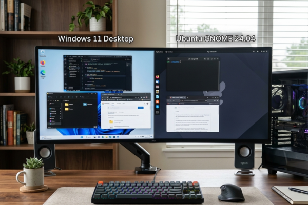 A computer monitor showing Windows and Linux operating systems running on the same PC.