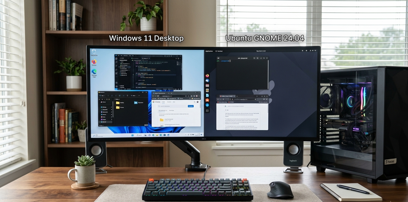 A computer monitor showing Windows and Linux operating systems running on the same PC.