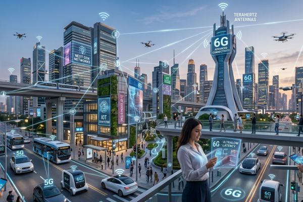 5G and 6G networks powering a futuristic smart city with connected devices and wireless technology