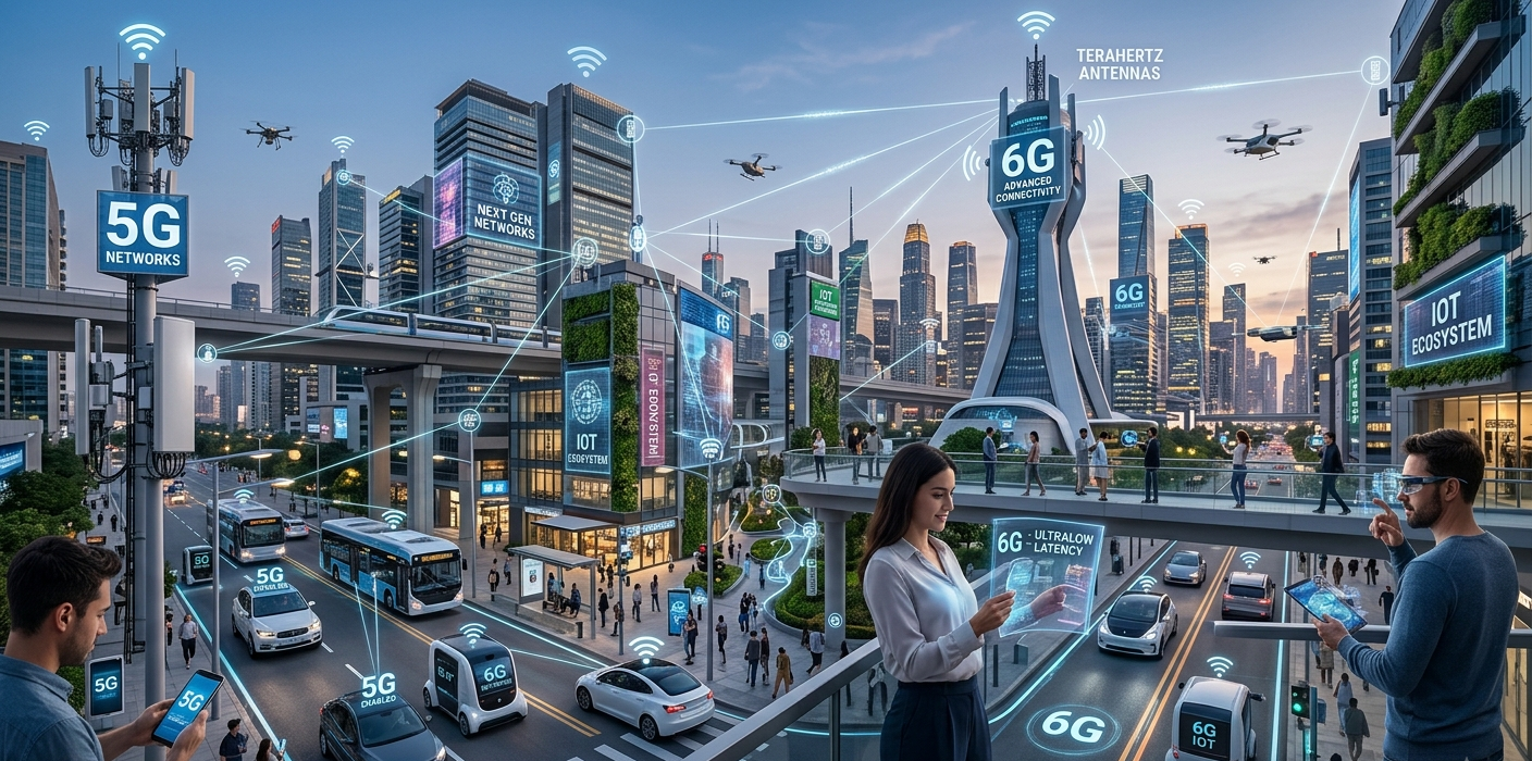 5G and 6G networks powering a futuristic smart city with connected devices and wireless technology