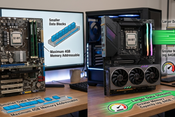 32-bit vs 64-bit operating system comparison showing CPU architecture and performance differences