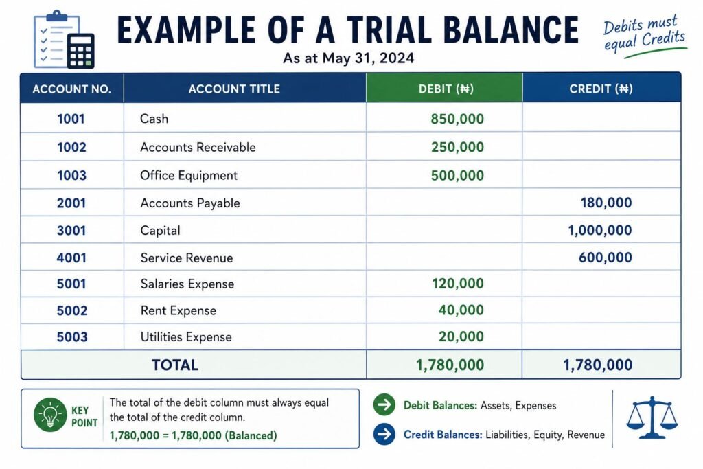 Example of a trial balance worksheet showing ledger account balances in debit and credit columns.
