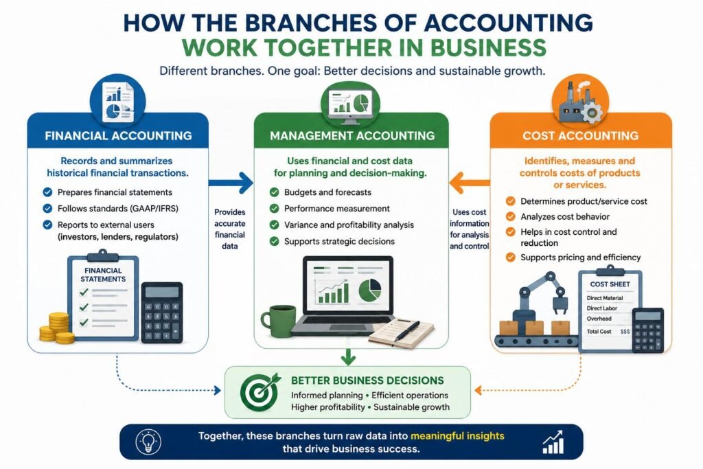 What Are the Branches / Types of Accounting? Explained with Real-World Applications 2 How the branches of accounting work together in business decision-making
