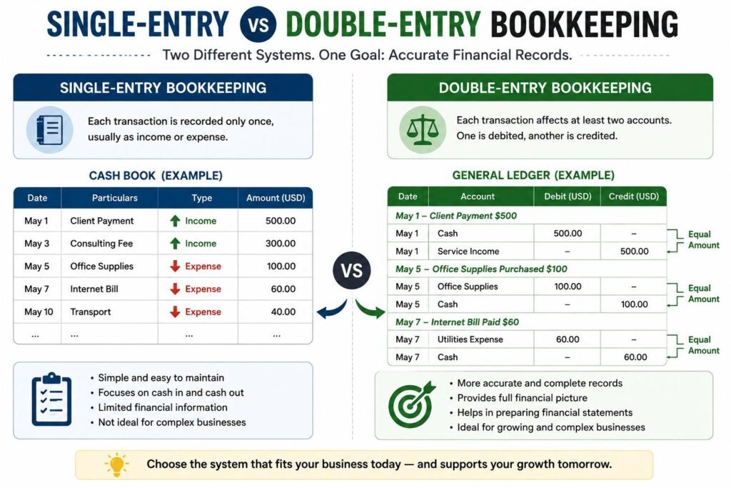 Infographic comparing single-entry bookkeeping and double-entry bookkeeping systems.
