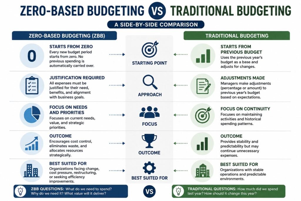 Infographic comparing zero-based budgeting and traditional budgeting methods
