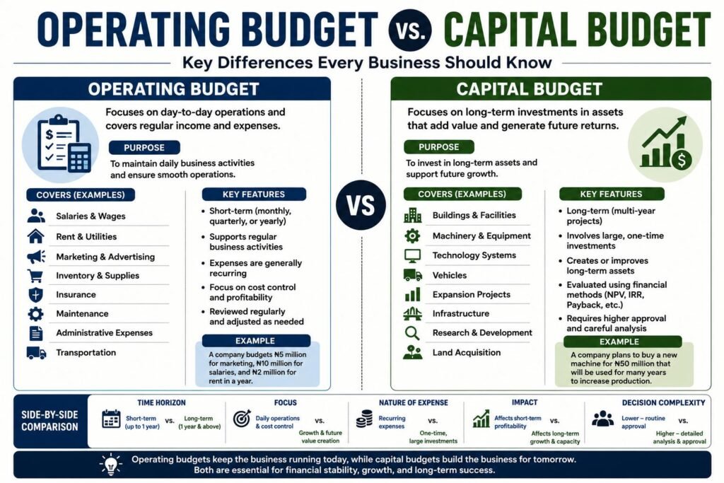 Comparison of operating budget and capital budget for daily operations and long-term investments

