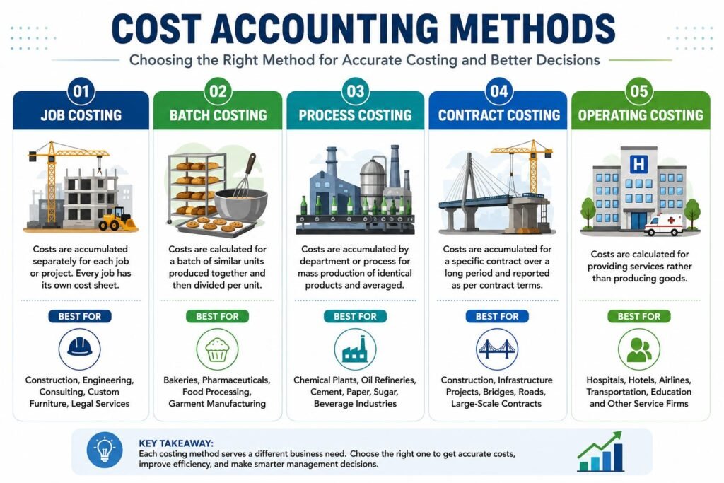 What is Cost Accounting methods including job costing, batch costing, process costing, contract costing, and operating costing.