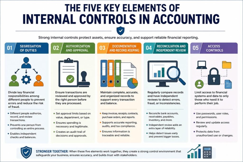 Five key elements of internal controls in accounting infographic
