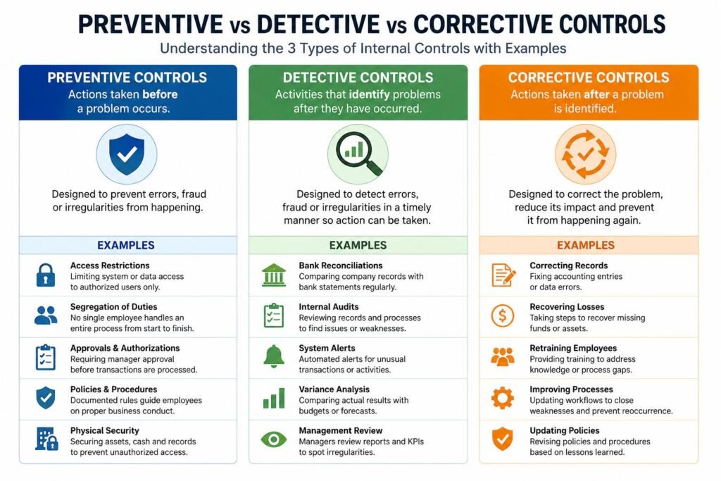 Comparison of preventive detective and corrective controls with examples
