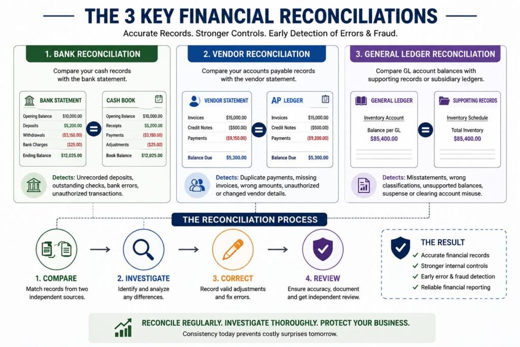 Financial Reconciliation Best Practices: How to Catch Errors and Fraud Early 2 Bank vendor and general ledger financial reconciliation process for catching errors and fraud