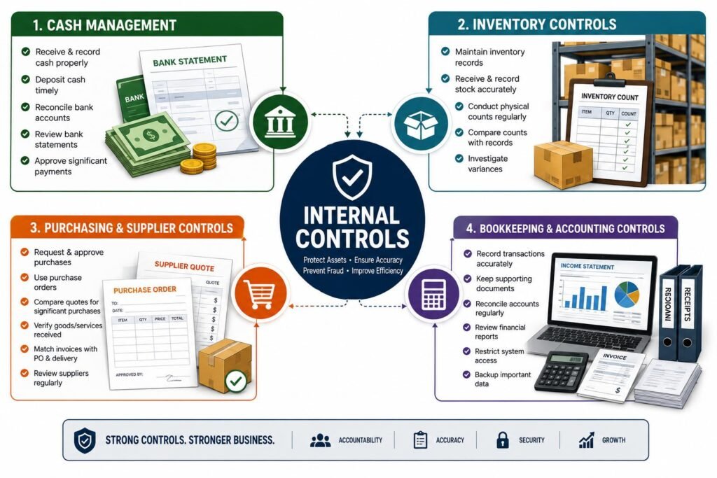 Internal controls checklist covering cash, inventory, purchasing, and bookkeeping
