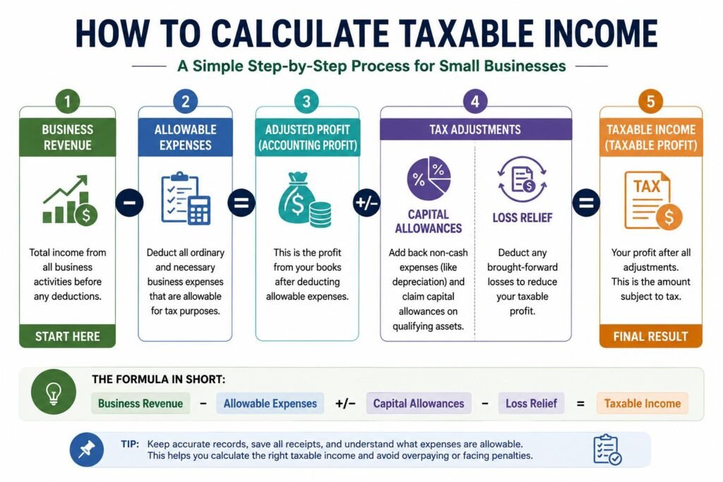 Infographic showing steps for calculating taxable income for a small business
