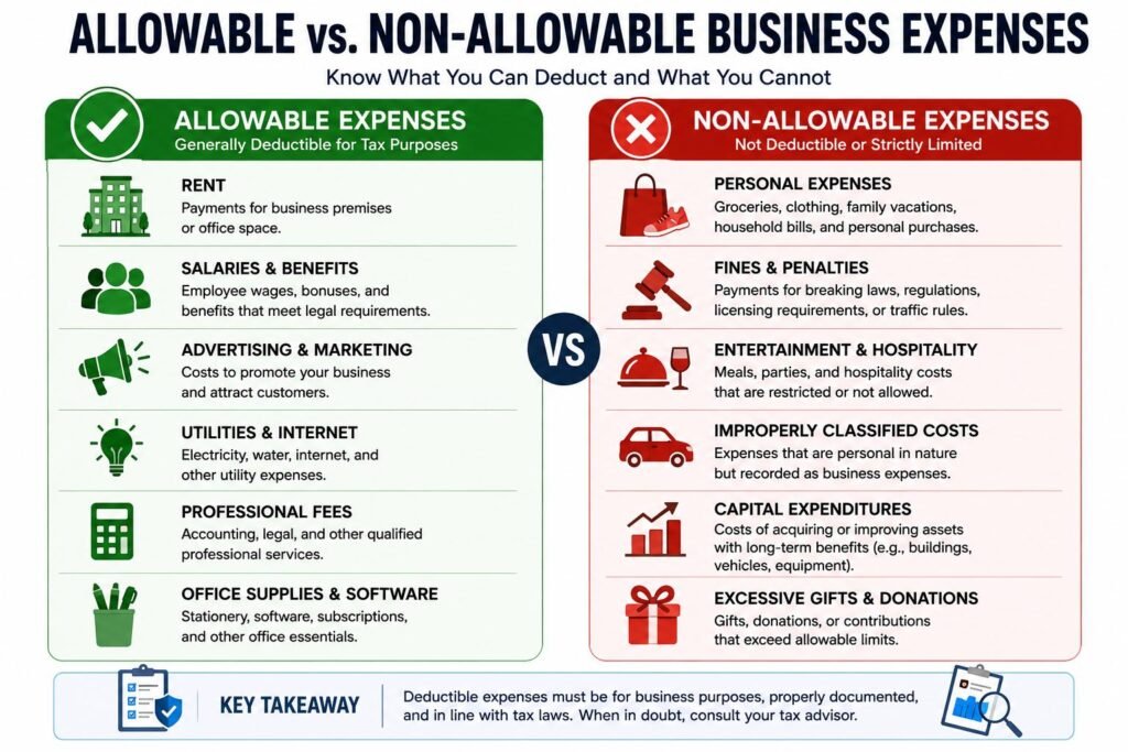 Infographic comparing allowable and non-allowable business expenses
